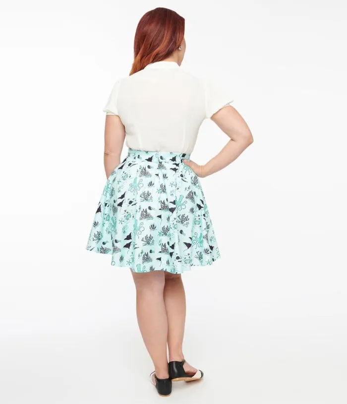 Retrolicious 1950s Teal Sea Print Cotton Skater Skirt DressesClothing Unique Vintage Skirts