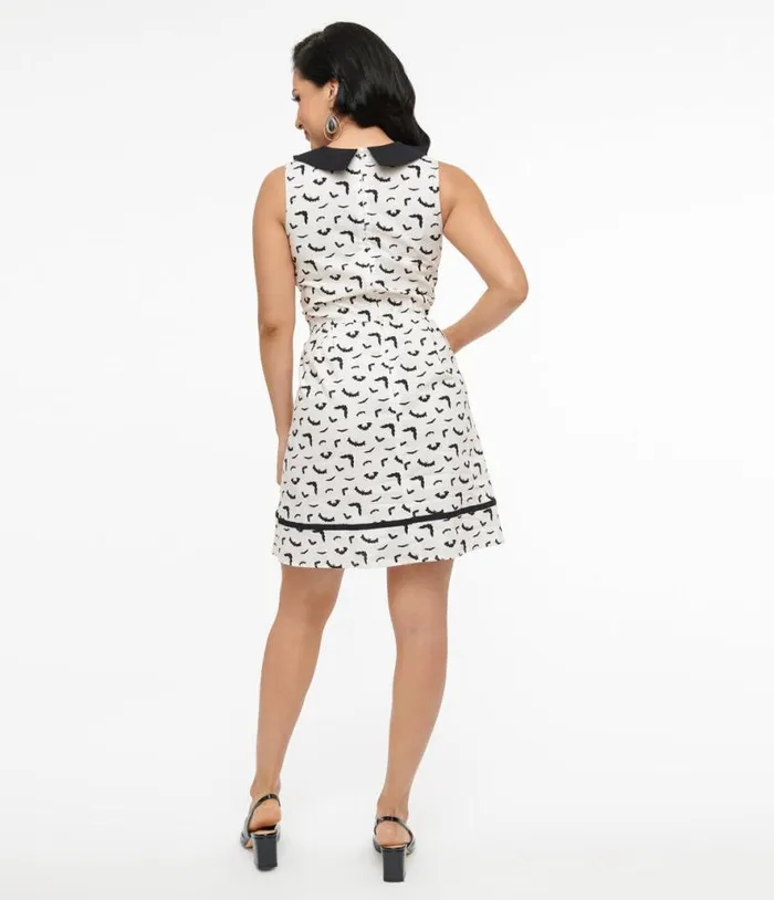 Retrolicious 1950s White and Black Bat Print Collared Fit and Flare Dress DressesHalloween Unique Vintage Dresses