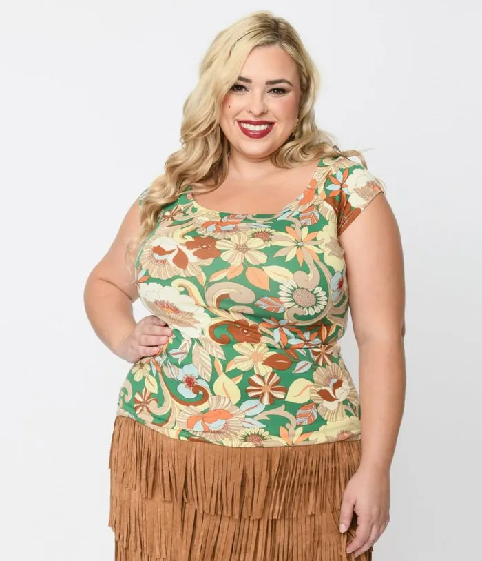 Retrolicious 1970s Green and Tan Mod Floral Top ClothingPlus Unique Vintage Blouses