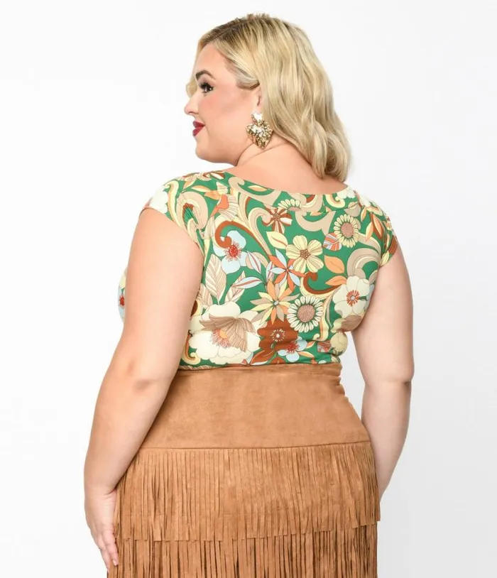 Retrolicious 1970s Green and Tan Mod Floral Top ClothingPlus Unique Vintage Blouses
