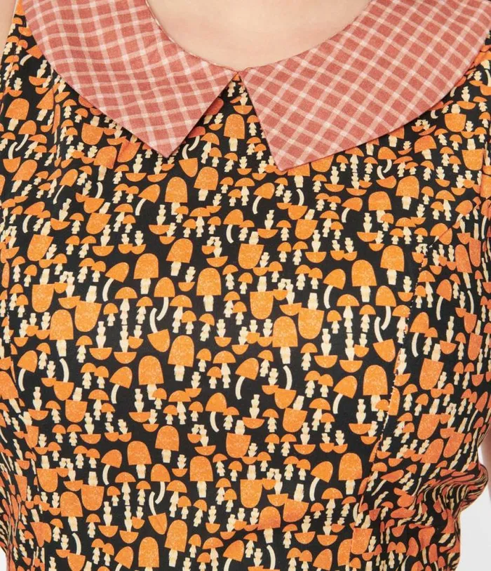 Retrolicious Black and Orange Mushroom Collared Fit and Flare Dress DressesPlus Unique Vintage Pocket Dresses