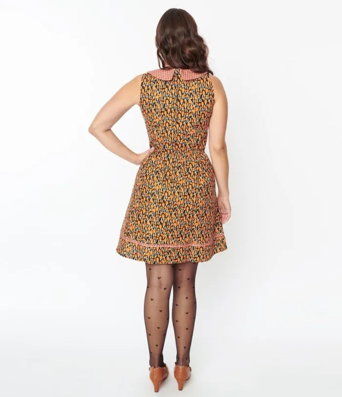 Retrolicious Black and Orange Mushroom Collared Fit and Flare Dress DressesPlus Unique Vintage Pocket Dresses