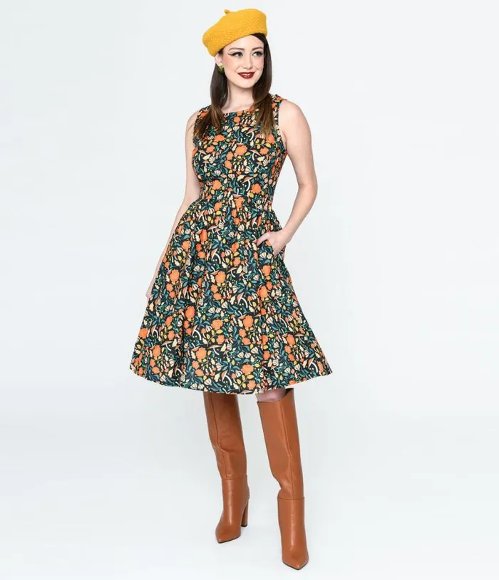 Retrolicious Black Flora Swing Dress DressesPlus Unique Vintage Pocket Dresses