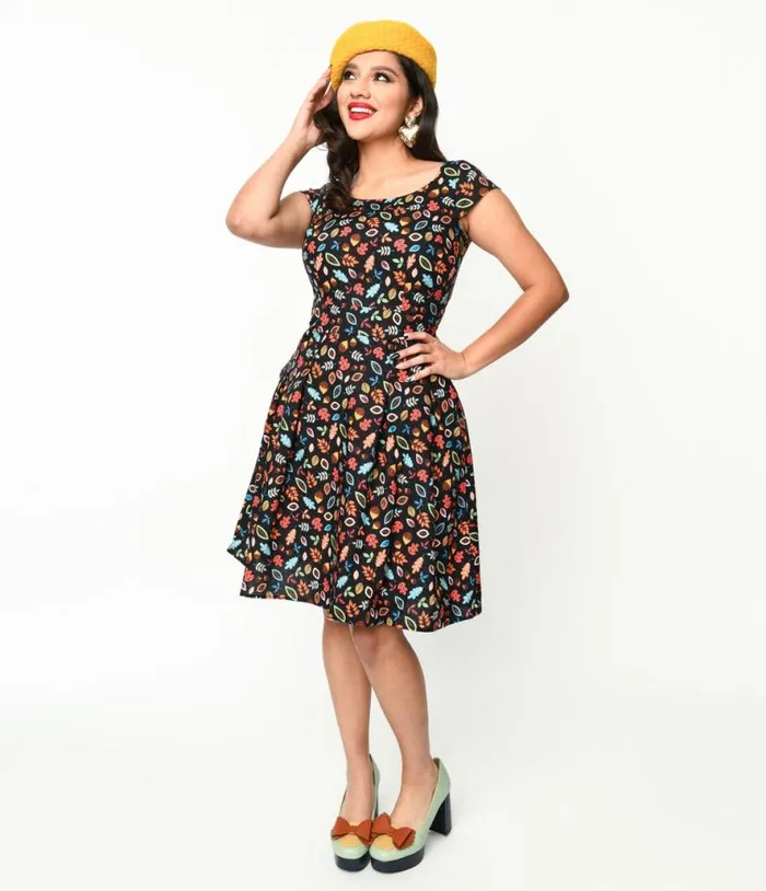 Retrolicious Black Leaves and Acorns Margaret Flare Dress DressesPlus Unique Vintage Fit and Flare Retrolicious Black Leaves and Acorns Margaret Flare Dress DressesPlus Unique Vintage Fit and Flare