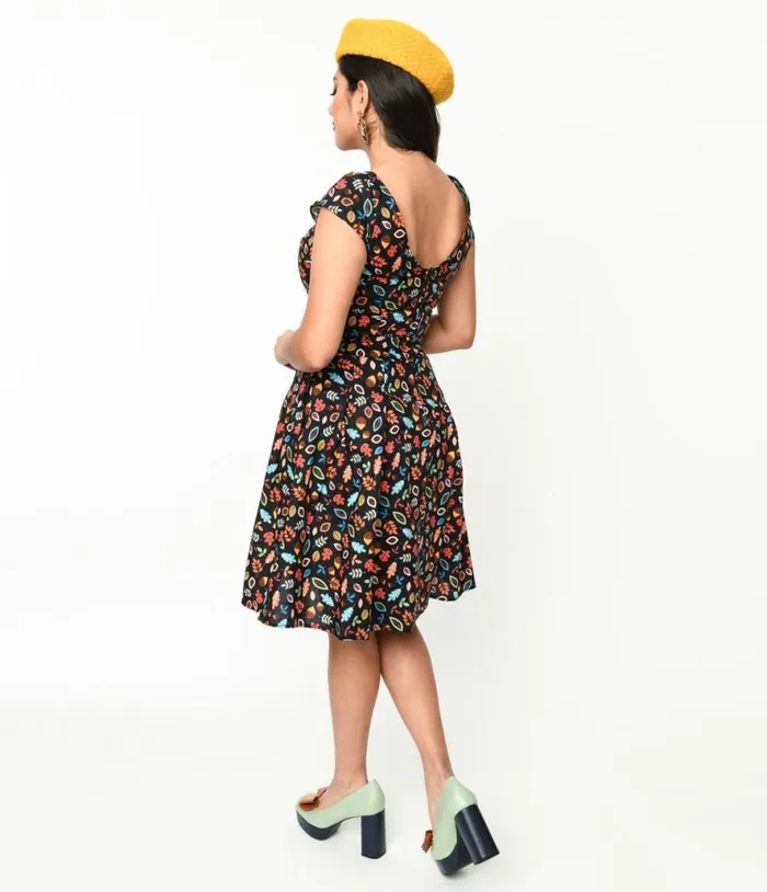 Retrolicious Black Leaves and Acorns Margaret Flare Dress DressesPlus Unique Vintage Fit and Flare