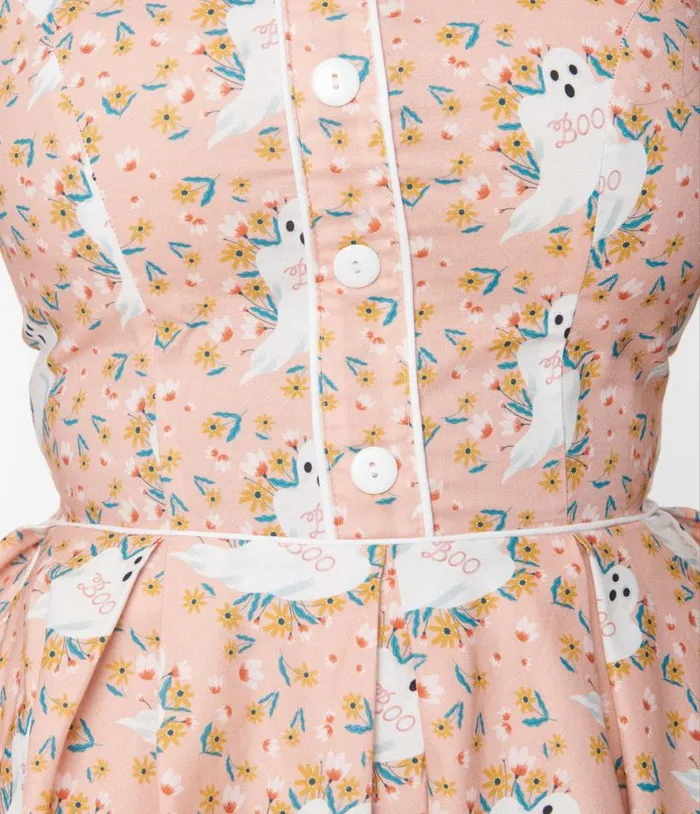 Retrolicious Pink and Ghost Print Swing Dress DressesHalloweenPlus Unique Vintage Dresses