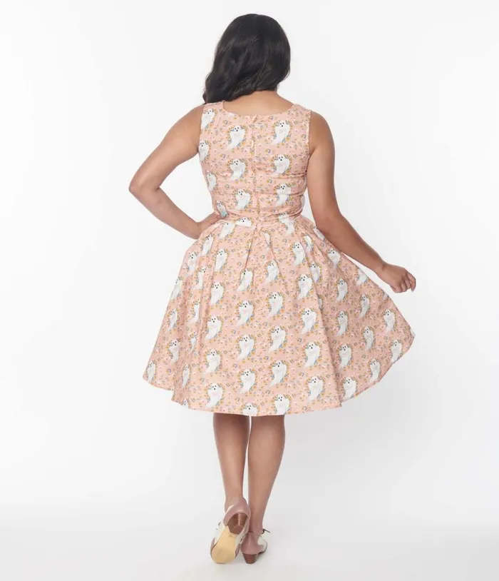 Retrolicious Pink and Ghost Print Swing Dress DressesHalloweenPlus Unique Vintage Dresses