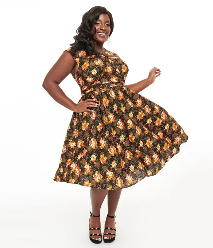 Retrolicious Plus Size 1950s Black Autumn Floral Cotton Greta Swing Dress DressesPlus Unique Vintage Pocket Dresses Retrolicious Plus Size 1950s Black Autumn Floral Cotton Greta Swing Dress DressesPlus Unique Vintage Pocket Dresses