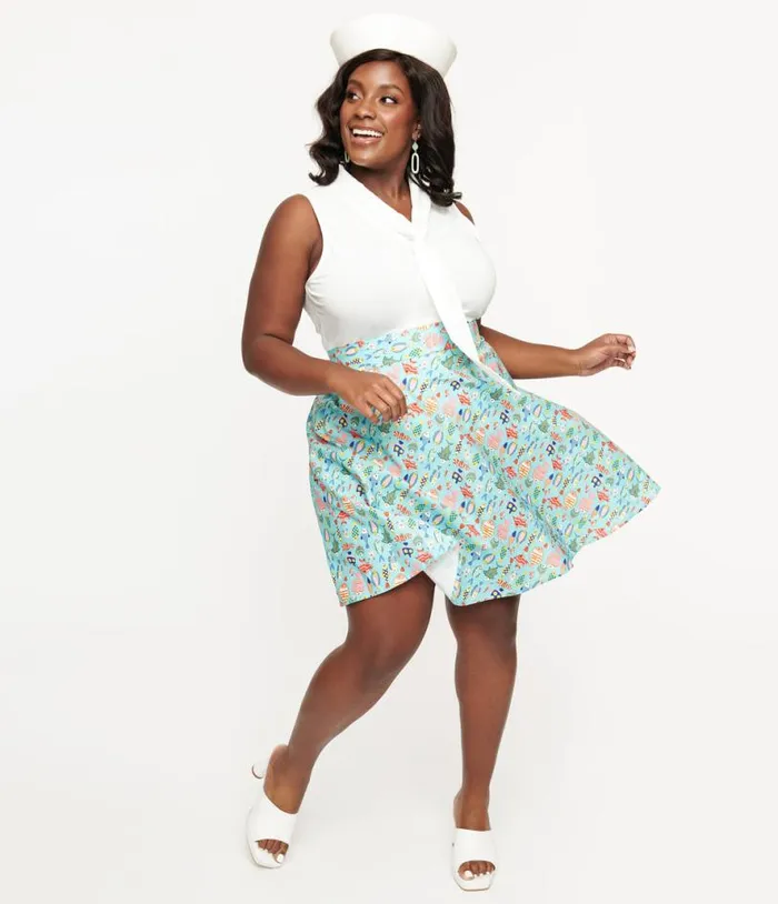 Retrolicious Plus Size 1950s Blue and Multicolor Fish Print Cotton Skater Skirt DressesClothingPlus Unique Vintage Skirts Retrolicious Plus Size 1950s Blue and Multicolor Fish Print Cotton Skater Skirt DressesClothingPlus Unique Vintage Skirts