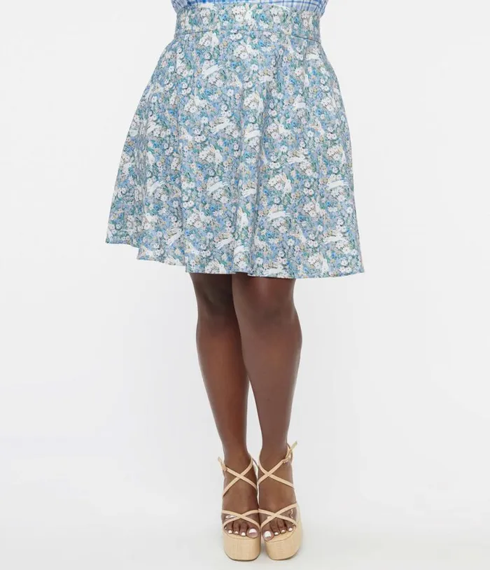 Retrolicious Plus Size 1950s Blue and White Bunny Print Cotton Skater Skirt DressesClothingPlus Unique Vintage Skirts