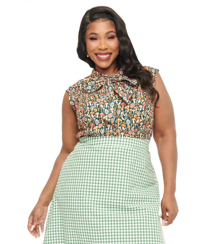 Retrolicious Plus Size 1950s Forest Green Mushroom Print Cotton Bow Top ClothingPlus Unique Vintage Blouses Retrolicious Plus Size 1950s Forest Green Mushroom Print Cotton Bow Top ClothingPlus Unique Vintage Blouses