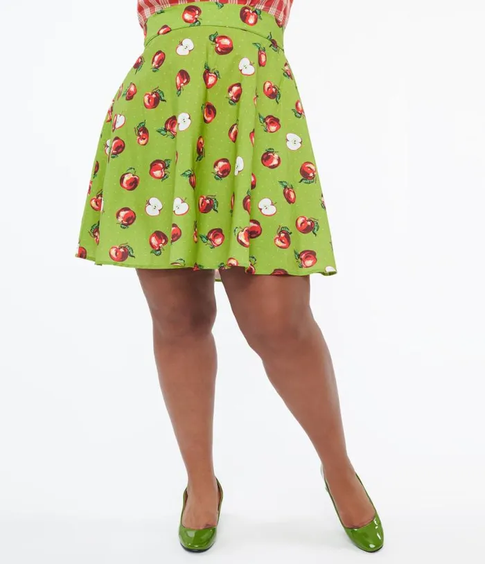 Retrolicious Plus Size 1950s Green and Red Apple Print Skater Skirt DressesClothingPlus Unique Vintage Skirts