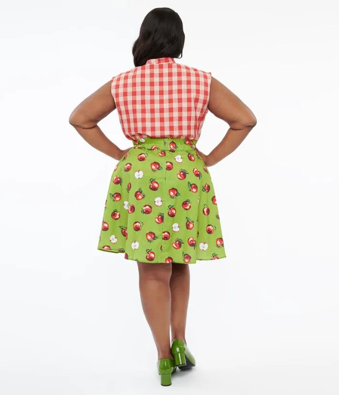 Retrolicious Plus Size 1950s Green and Red Apple Print Skater Skirt DressesClothingPlus Unique Vintage Skirts