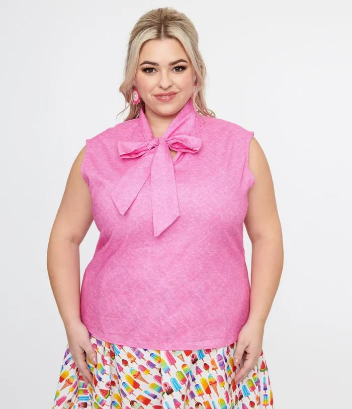 Retrolicious Plus Size 1950s Hot Pink Cotton Bow Top ClothingPlus Unique Vintage Blouses