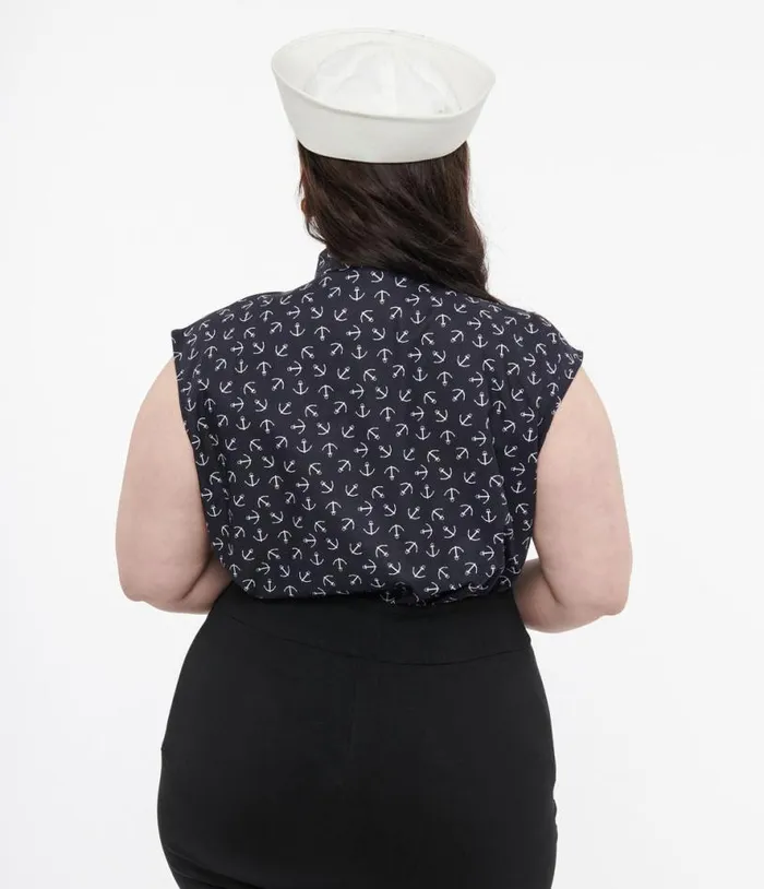 Retrolicious Plus Size 1950s Navy Anchor Print Cotton Bow Blouse ClothingPlus Unique Vintage Blouses