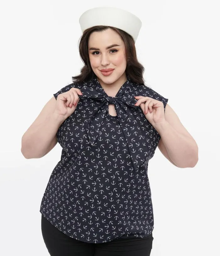 Retrolicious Plus Size 1950s Navy Anchor Print Cotton Bow Blouse ClothingPlus Unique Vintage Blouses