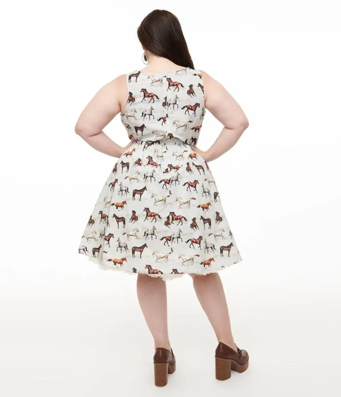 Retrolicious Plus Size 1950s White and Brown Horse Print Cotton Swing Dress DressesPlus Unique Vintage Pocket Dresses