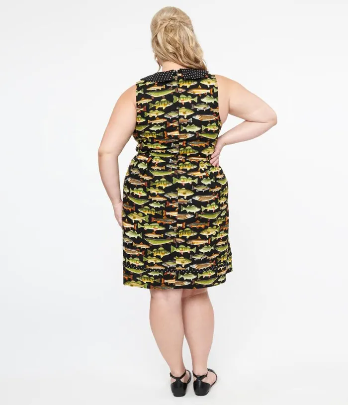 Retrolicious Plus Size 1950s White Polka Dot and Fish Print Cotton Fit and Flare Dress DressesPlus Unique Vintage Pocket Dresses