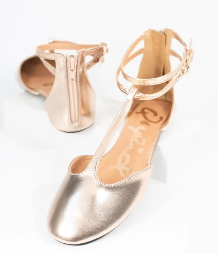 Rose Gold Patent Leatherette Bee TStrap Flats Shoes Unique Vintage Flats