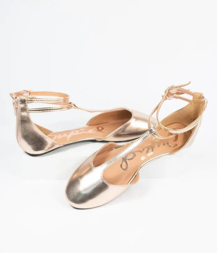Rose Gold Patent Leatherette Bee TStrap Flats Shoes Unique Vintage Flats