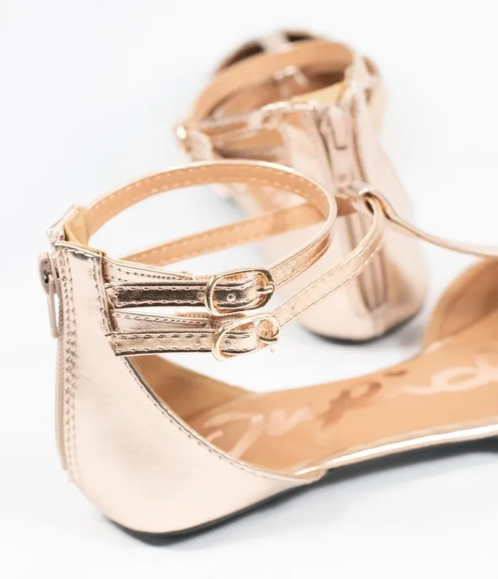 Rose Gold Patent Leatherette Bee TStrap Flats Shoes Unique Vintage Flats