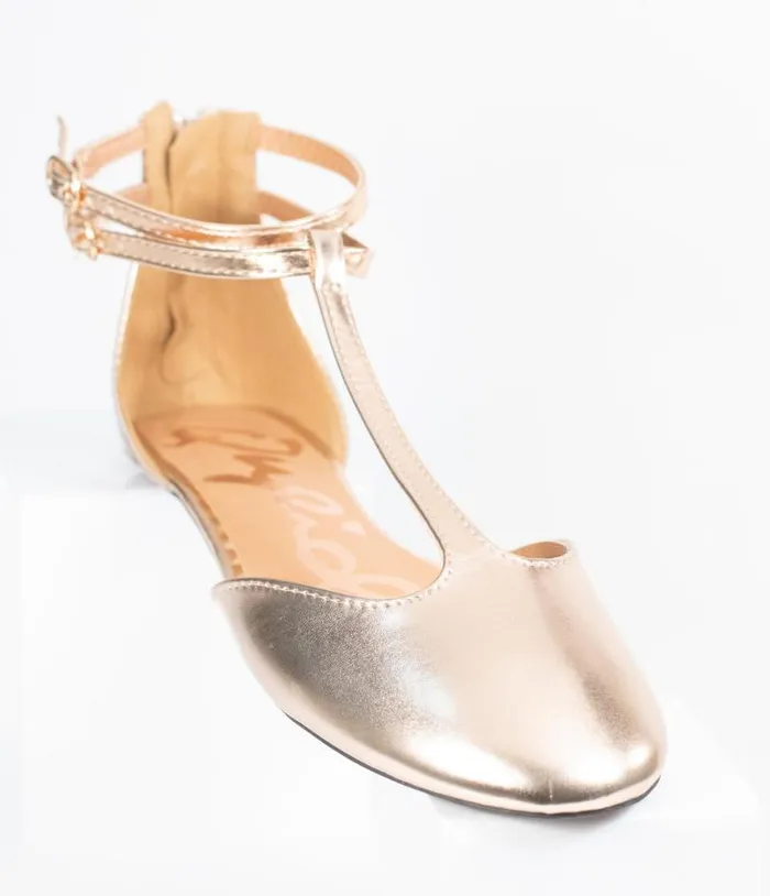 Rose Gold Patent Leatherette Bee TStrap Flats Shoes Unique Vintage Flats