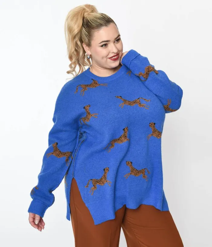 Royal Blue and Cheetah Oversize Sweater Clothing Unique Vintage Sweaters and Cardigans