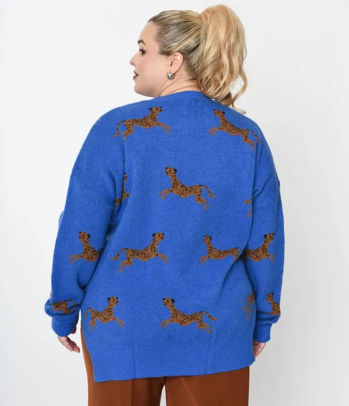 Royal Blue and Cheetah Oversize Sweater Clothing Unique Vintage Sweaters and Cardigans
