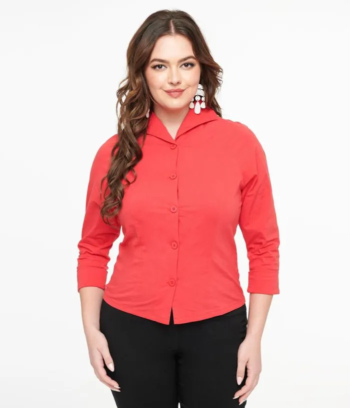 Royal Monk 1950s Red Button Up Celia Blouse Clothing Unique Vintage Blouses