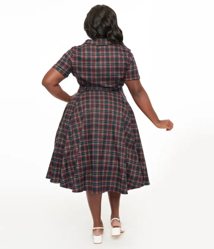 Royal Monk Plus Size 1950s Green and Red Plaid Merry Holidays Swing Dress DressesPlus Unique Vintage Swing