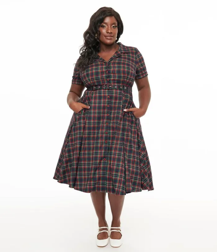 Royal Monk Plus Size 1950s Green and Red Plaid Merry Holidays Swing Dress DressesPlus Unique Vintage Swing