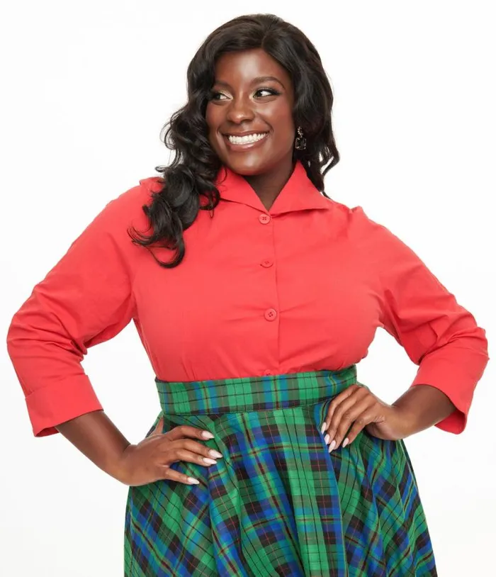 Royal Monk Plus Size 1950s Red Button Up Celia Blouse ClothingPlus Unique Vintage Blouses