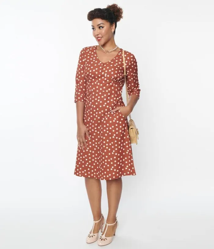 Rust Red and Cream Polka Dot Swing Dress Dresses Unique Vintage Pocket Dresses Rust Red and Cream Polka Dot Swing Dress Dresses Unique Vintage Pocket Dresses