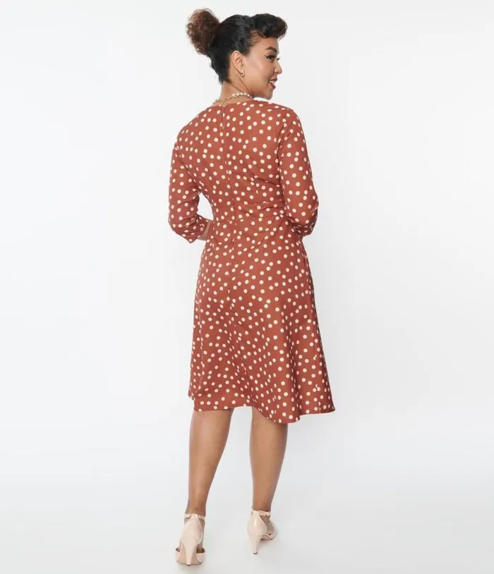 Rust Red and Cream Polka Dot Swing Dress Dresses Unique Vintage Pocket Dresses