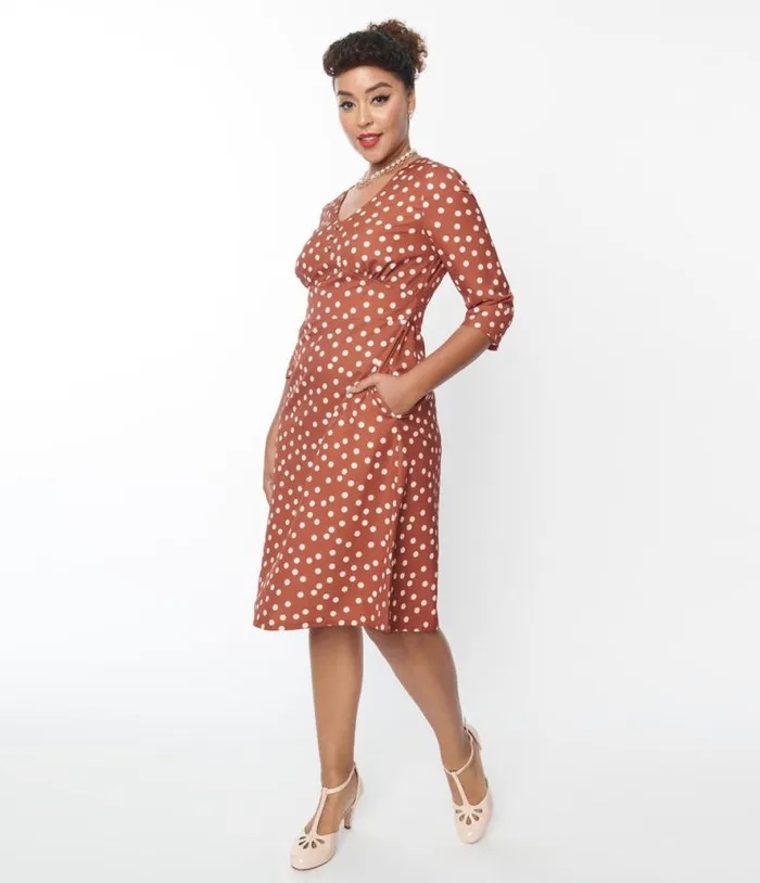 Rust Red and Cream Polka Dot Swing Dress Dresses Unique Vintage Pocket Dresses