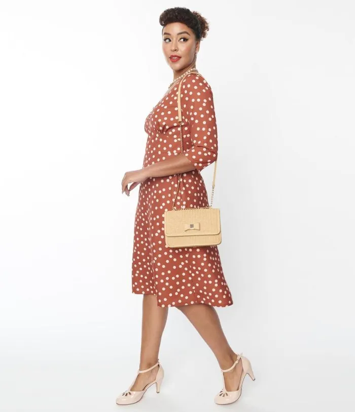Rust Red and Cream Polka Dot Swing Dress Dresses Unique Vintage Pocket Dresses