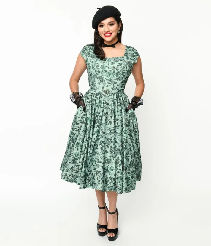 Sage Green and Green Floral Cosmopolitan Swing Dress DressesPlus Unique Vintage Pocket Dresses Sage Green and Green Floral Cosmopolitan Swing Dress DressesPlus Unique Vintage Pocket Dresses