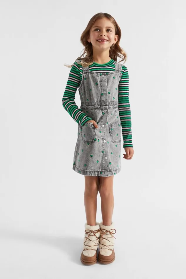 Seed Heritage Denim and Jeans Apple Embroidered Pinafore Slate Wash 8211 Girl