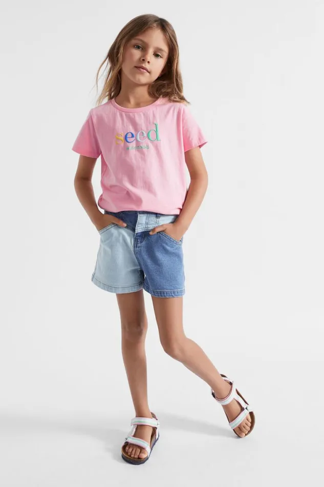 Seed Heritage Denim and Jeans Colourblock Denim Short Light Wash Multi 8211 Girl