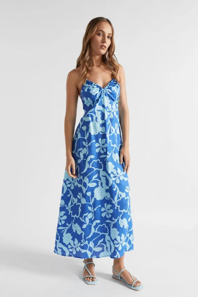 Seed Heritage Dresses Linen Floral Halter Dress Deep Ocean Floral 8211 Woman