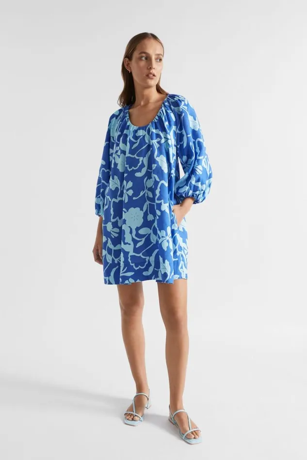Seed Heritage Dresses Linen Floral Mini Dress Deep Ocean Floral 8211 Woman