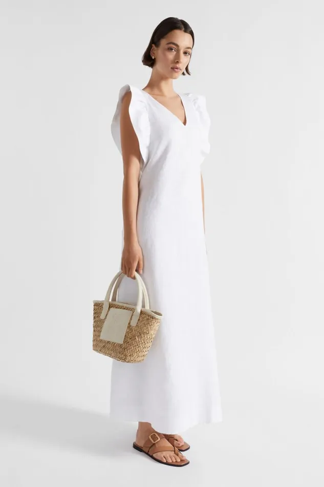 Seed Heritage Dresses Linen Frill Sleeve Column Dress Whisper White 8211 Woman Seed Heritage Dresses Linen Frill Sleeve Column Dress Whisper White 8211 Woman