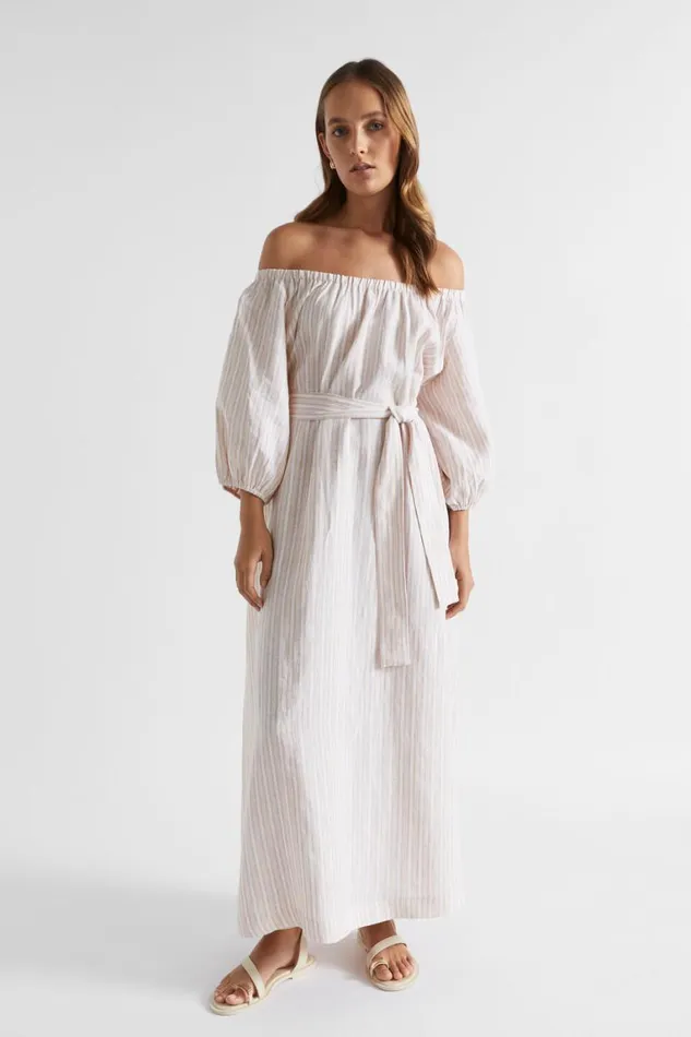 Seed Heritage Dresses Linen Gathered Maxi Dress Soft Wheat Stripe 8211 Woman