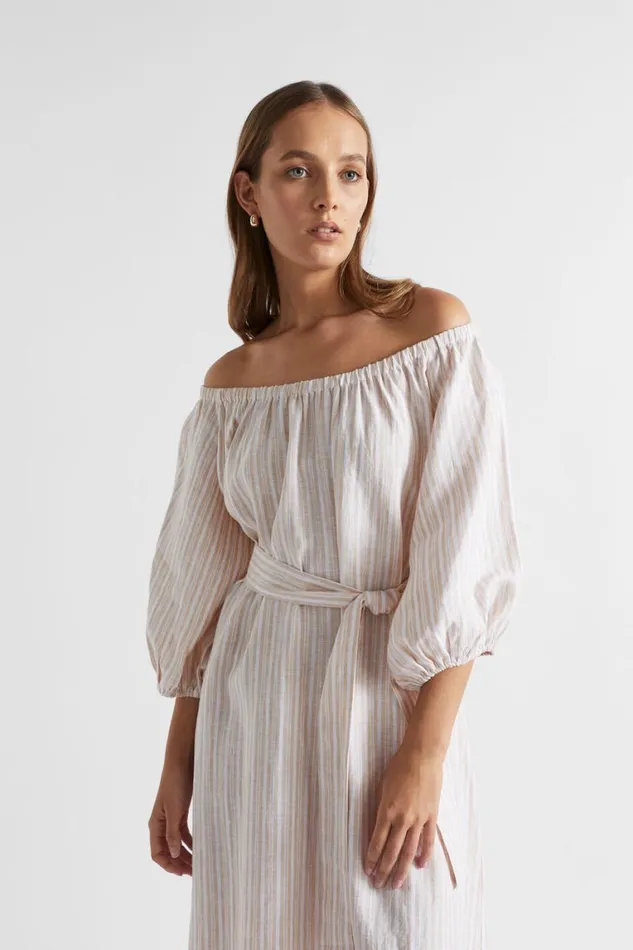 Seed Heritage Dresses Linen Gathered Maxi Dress Soft Wheat Stripe 8211 Woman