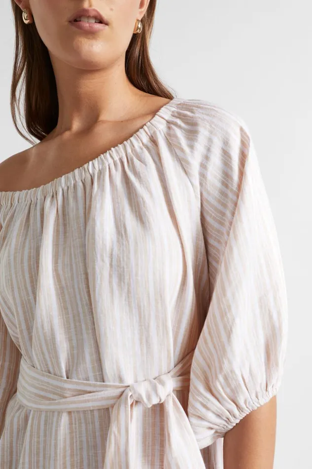 Seed Heritage Dresses Linen Gathered Maxi Dress Soft Wheat Stripe 8211 Woman