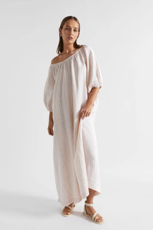 Seed Heritage Dresses Linen Gathered Maxi Dress Soft Wheat Stripe 8211 Woman