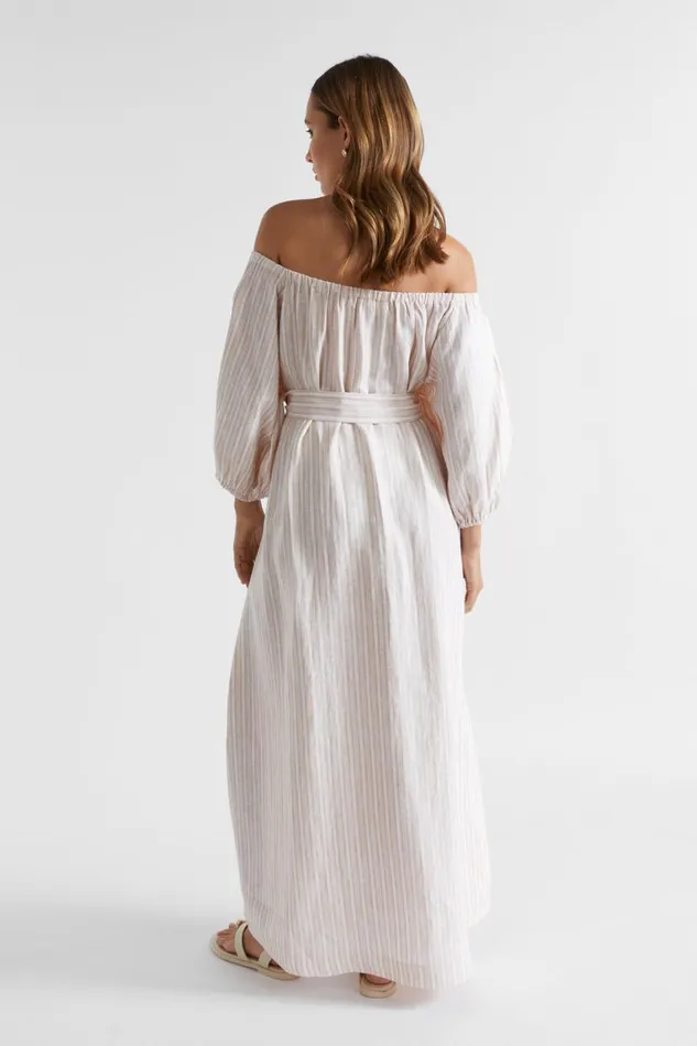 Seed Heritage Dresses Linen Gathered Maxi Dress Soft Wheat Stripe 8211 Woman