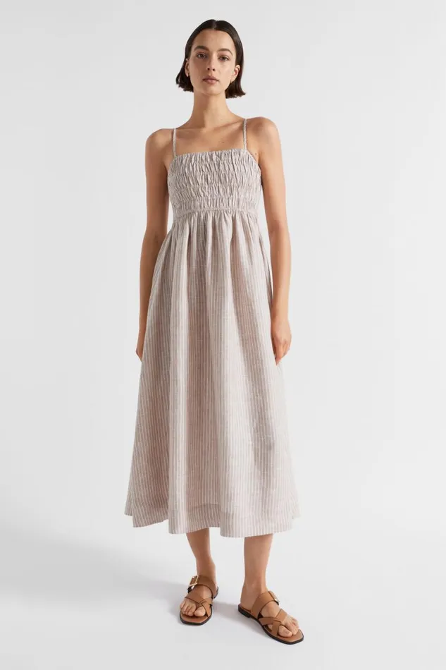 Seed Heritage Dresses Linen Shirred Midi Dress Barley Stripe 8211 Woman