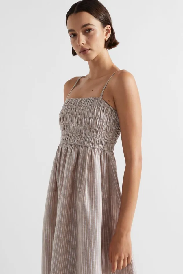 Seed Heritage Dresses Linen Shirred Midi Dress Barley Stripe 8211 Woman
