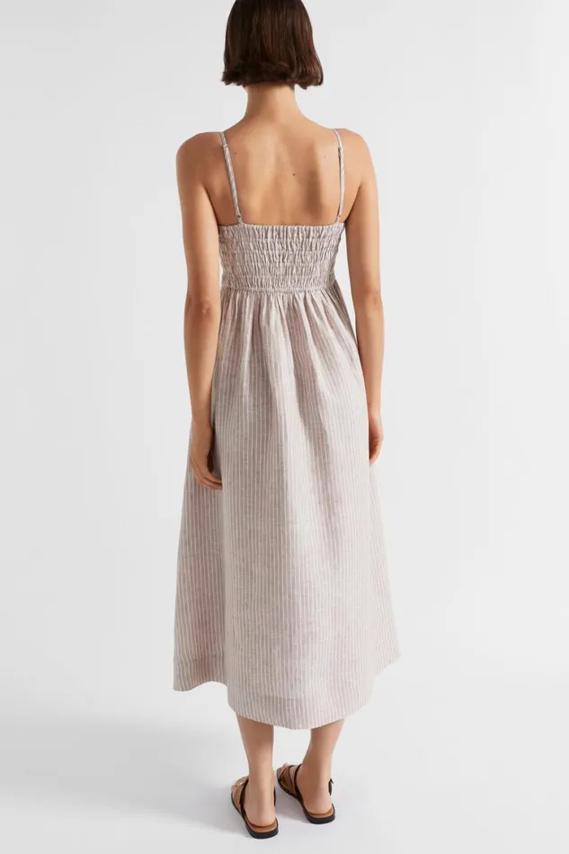 Seed Heritage Dresses Linen Shirred Midi Dress Barley Stripe 8211 Woman